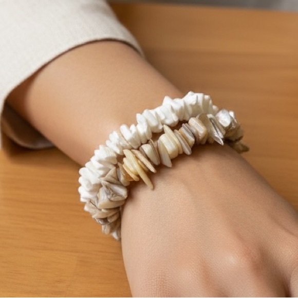Natural & White Puka Shell Bracelet Set – Stretch Beach Surfer Boho Jewelry - Picture 3 of 5